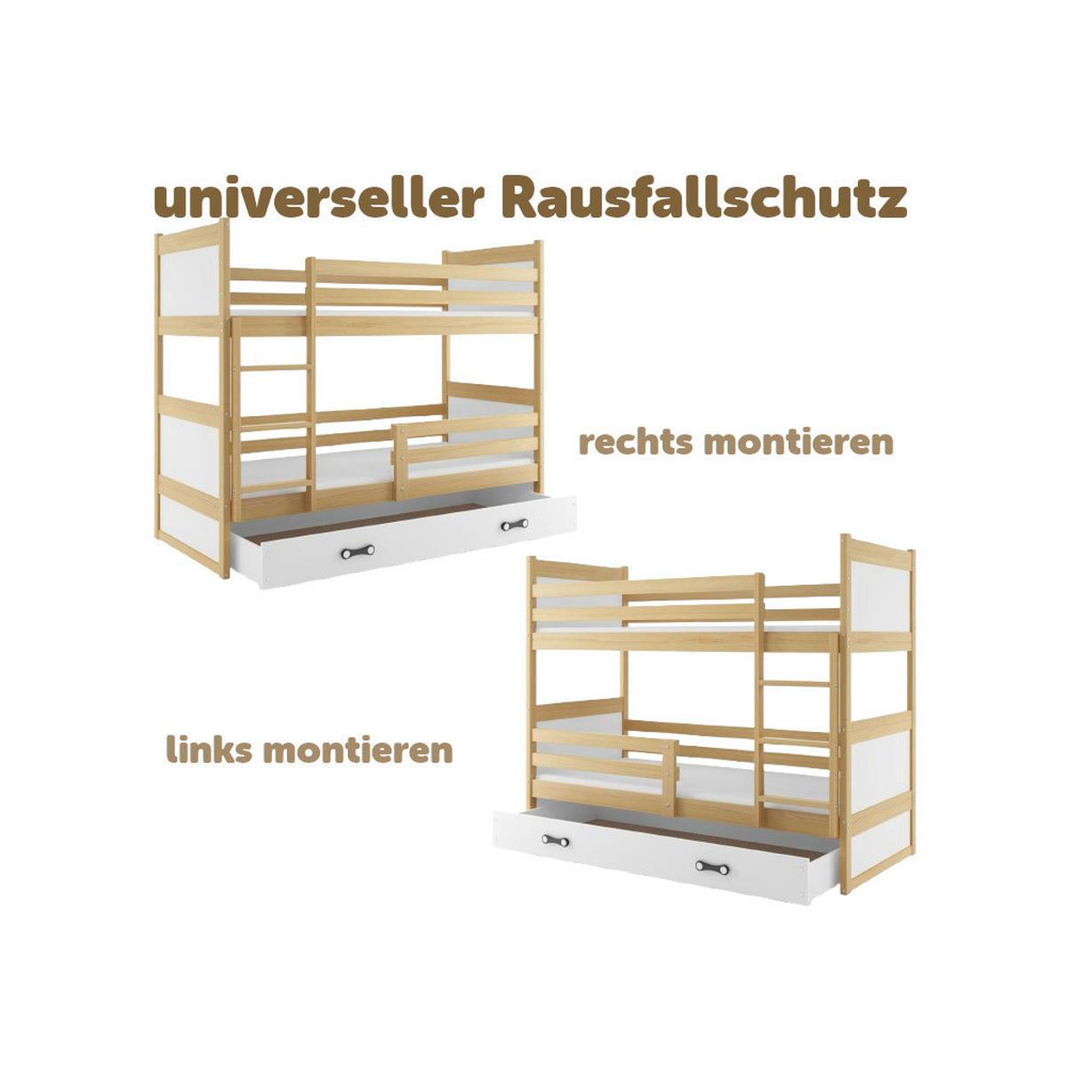 ETAGENBETT Rico mit Lattenrost und Schublade - Naturfarben/Weiß, Holz/Holzwerkstoff (90/200cm) - Interbeds