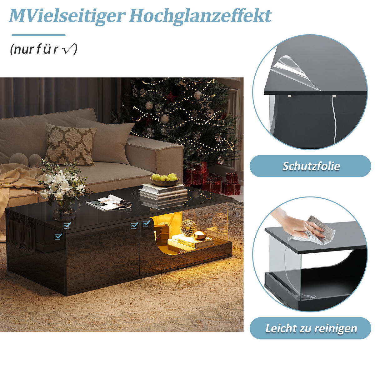 COUCHTISCH 100/50/30 cm Schwarz aus MDF und Glas mit LED und 2 Schubladen - Schwarz, Holzwerkstoff (100/50/30cm) - OKMYHOME