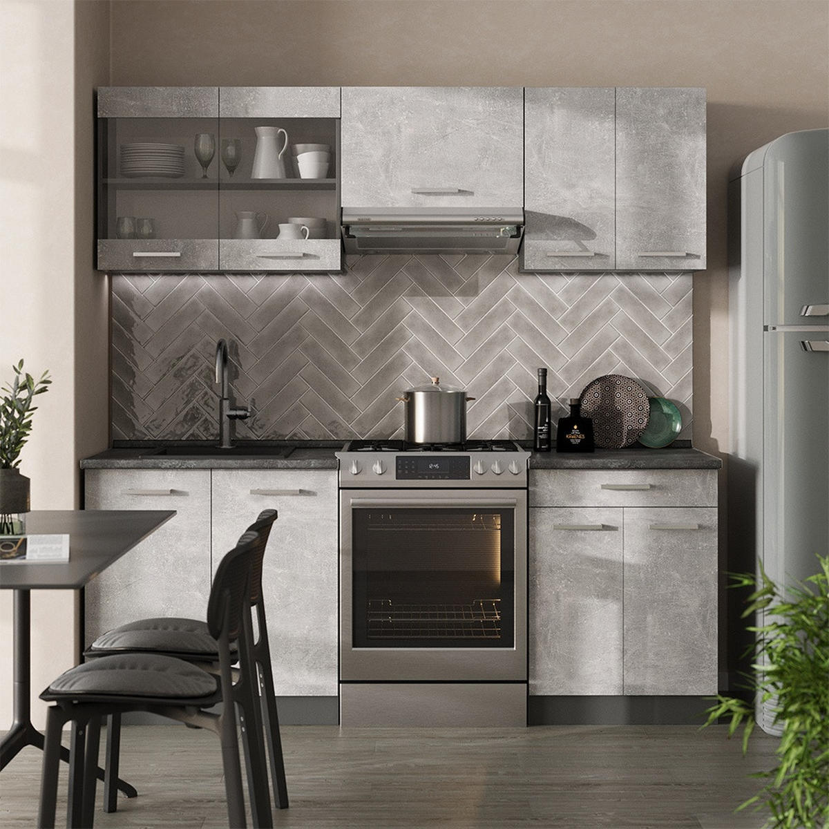 KUCHYŇSKÝ KOUT R-Line Beton/antracit 200 cm , PD Mramor - šedá/antracitová, kompozitní dřevo (200/81.6/60cm) - Vicco