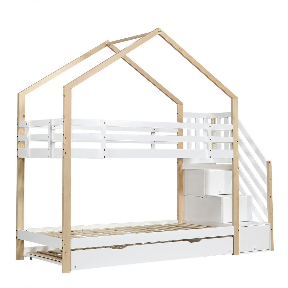 ETAGENBETT 90/200 cm weiß aus Massivholz mit Schiebebett und Treppe mit Schubladen - Weiß, Holz (90/200cm) - OKWISH