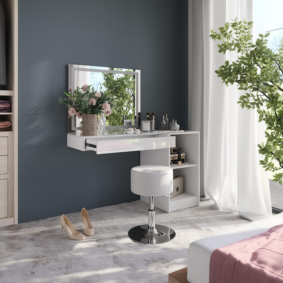 SCHMINKTISCH Sherry Weiß/Weiß Hochglanz 120 cm 4 Teile - Weiß Hochglanz, Holzwerkstoff (120/76/50.1cm) - Vicco