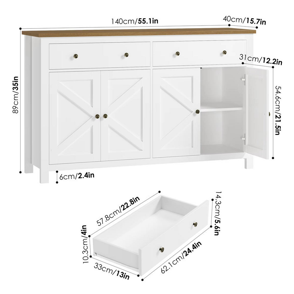 SIDEBOARD 140x89x40 cm Buffetschrank Weiß - Weiß, Holz (140/89/40cm) - Kaket