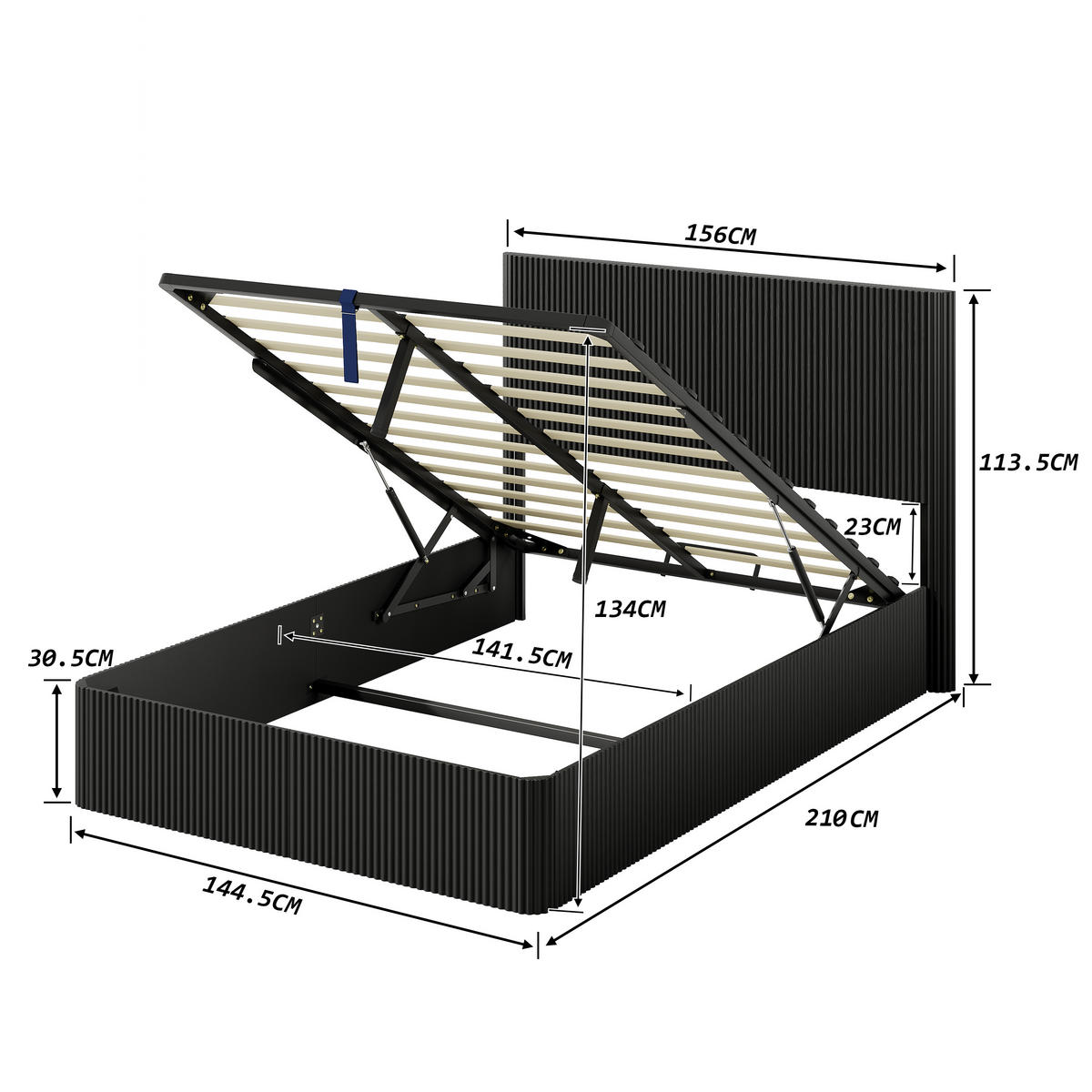 BETT 140/200 cm in Schwarz mit Stauraum und Lift-System - Schwarz, Holzwerkstoff/Metall (140/200cm) - WISHDOR