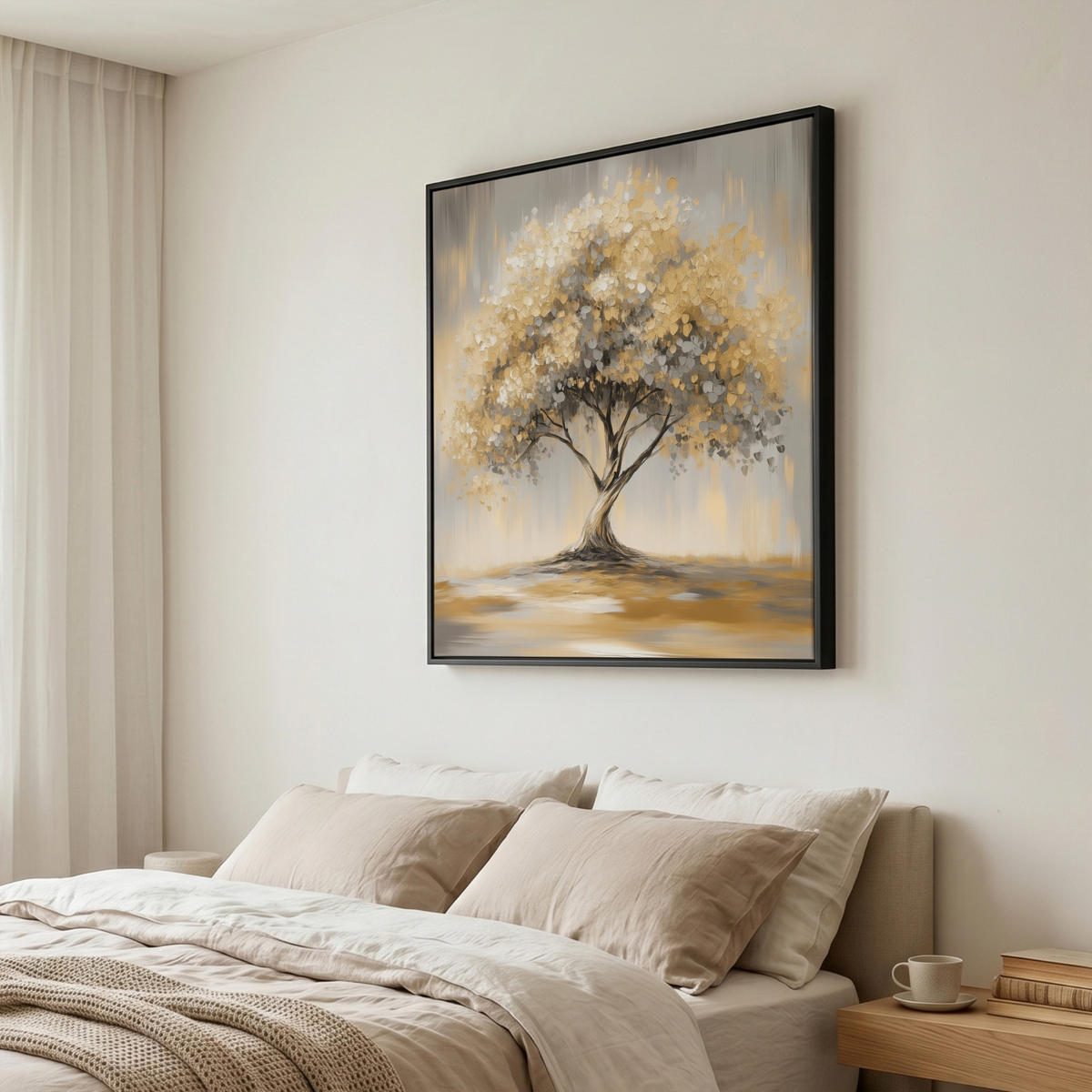 LEINWAND Bilder mit Rahmen - Gemälde - Baum - Abstrakt - Blätter - 90x90 - Beige, Textil (90/90cm) - MuchoWow