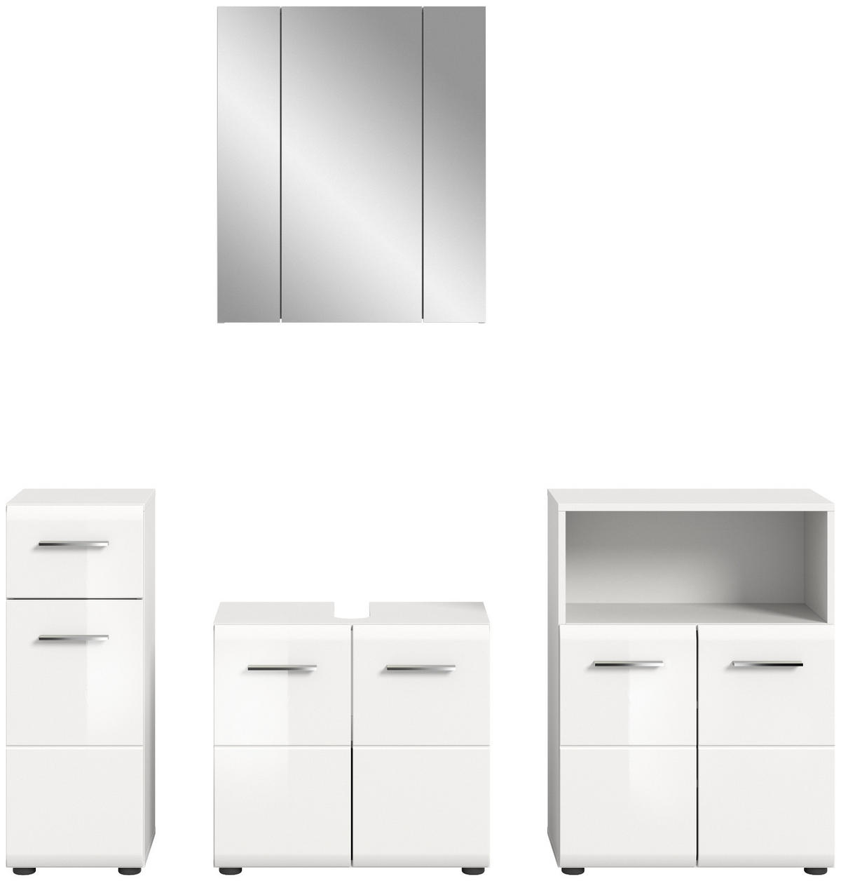 BADMÖBEL-SET weiß Hochglanz, Badkombination 4-teilig 180 cm - Weiß Hochglanz/Silberfarben, Glas/Holzwerkstoff (180/185/30cm) - Inn.Furn