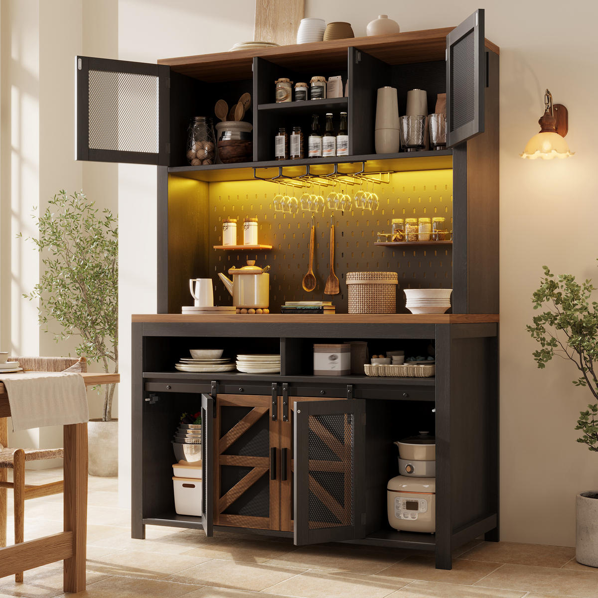 HIGHBOARD in Schwarz Mehrzweckschrank mit USB-Anschluss und LED B120/T40/H174.5cm, für Küche Esszimmer - Schwarz, Holzwerkstoff (120/174.5/40cm) - STILVORA