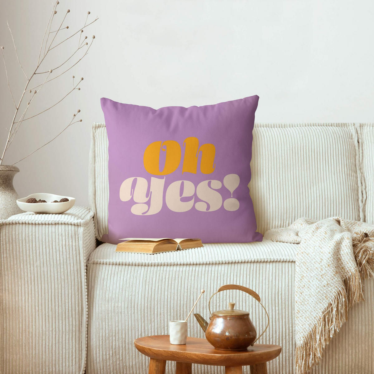 DEKOKISSEN Retro Typografie Oh Yes 40/40 cm - Violett, Textil (40/40/10cm) - Bilderwelten