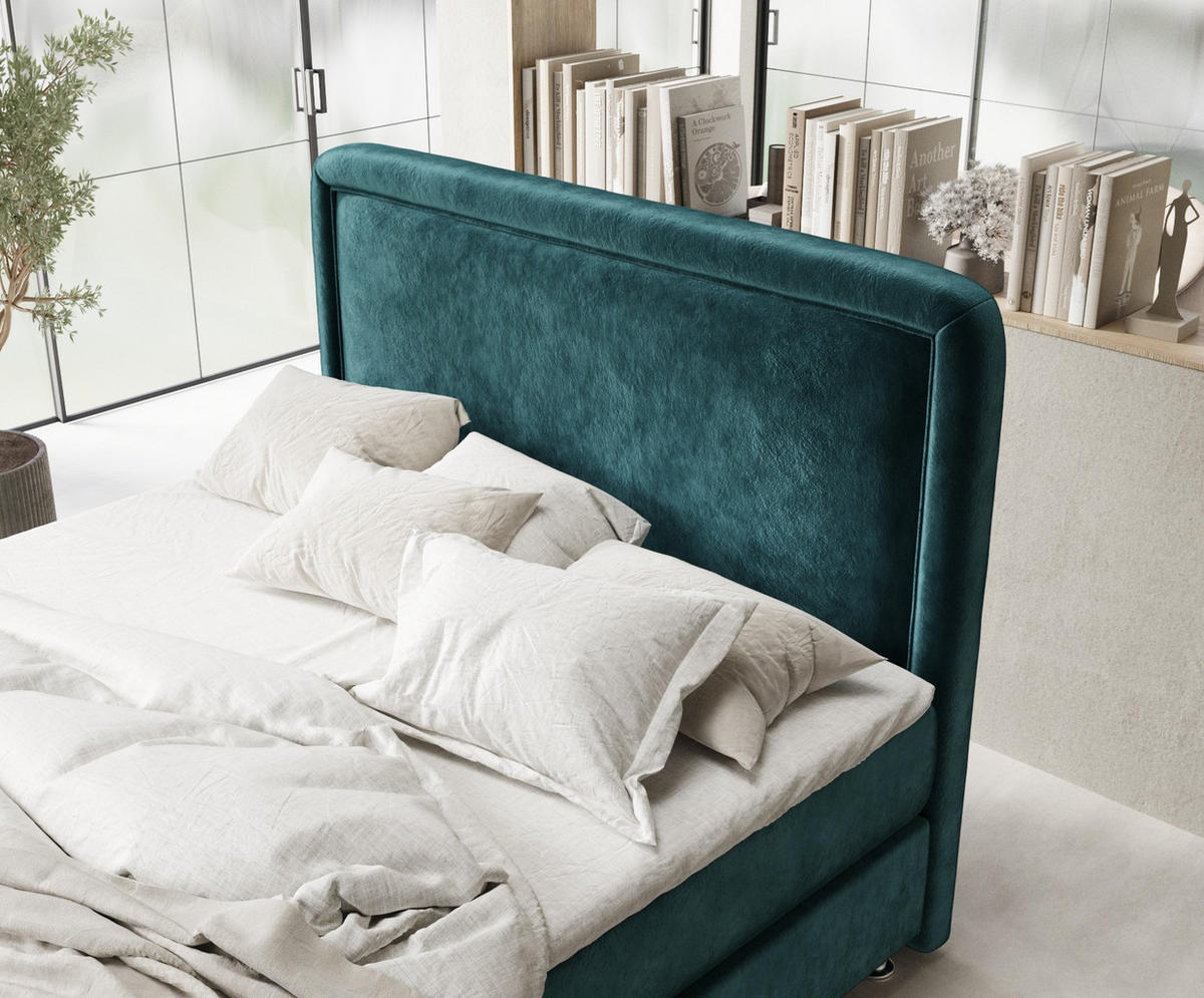 BOXBETT Salvi Türkisfarben 160/200 cm mit Matratze und Topper - Türkis/Silberfarben, Holz/Holzwerkstoff (160/200cm) - Maison de Reve