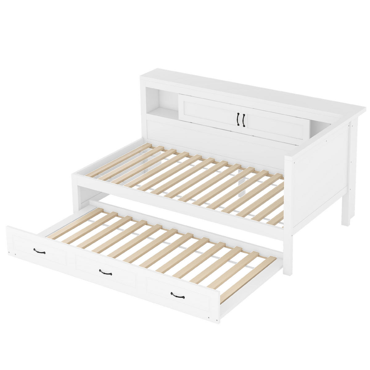 BETT 90/200 cm in Weiß mit Kopfteil, Ausziehbett, Stauraum und LED - Weiß, Holzwerkstoff (90/200cm) - BEAOK