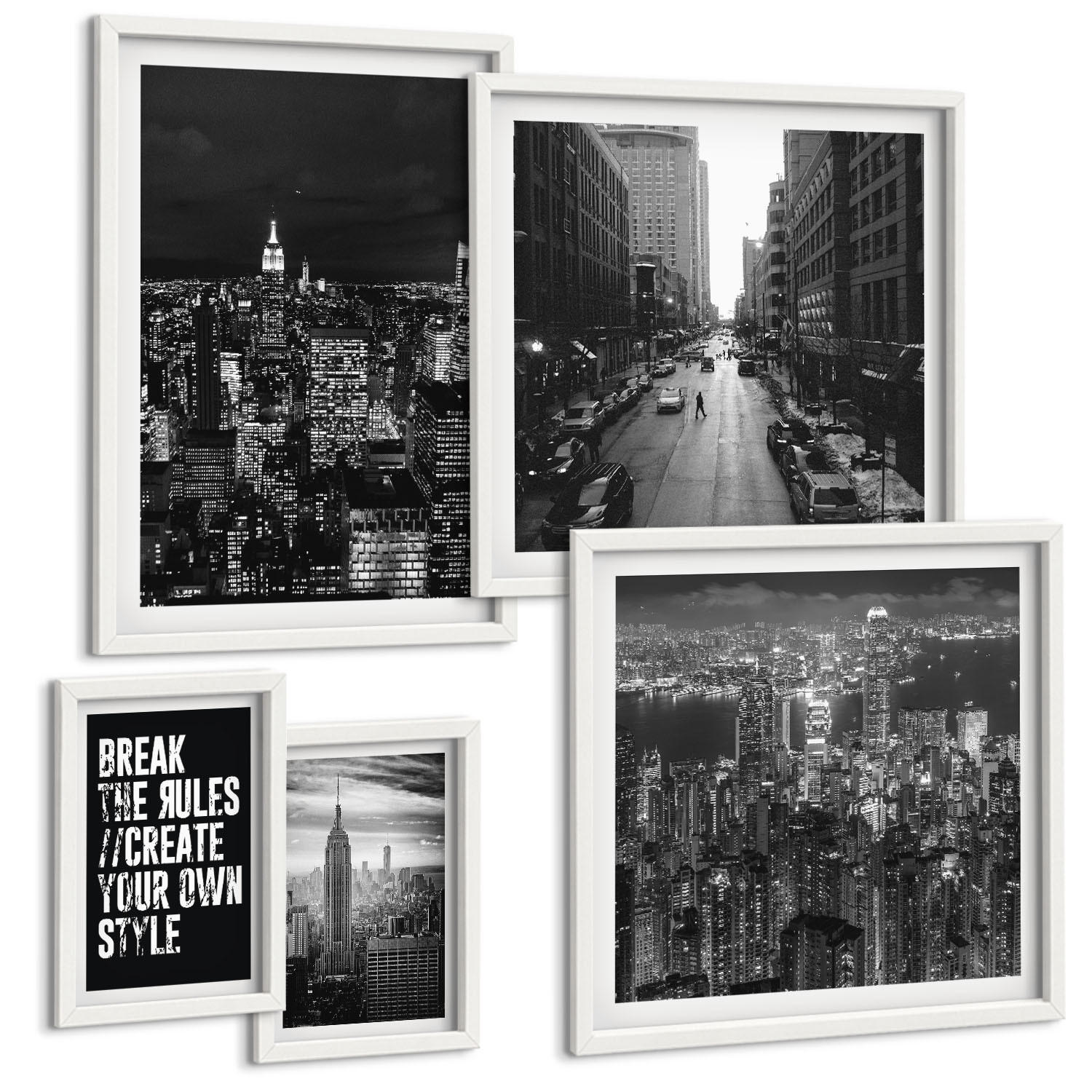 BILDER SET 5er Set - 50x50 cm & 20x30 cm & 40x60 cm Weißer Rahmen - Inspiration für Schwarz-Weiß-Darstellungen von Stadtstraßen - Weiß, Kunststoff (40/60cm) - TULUP