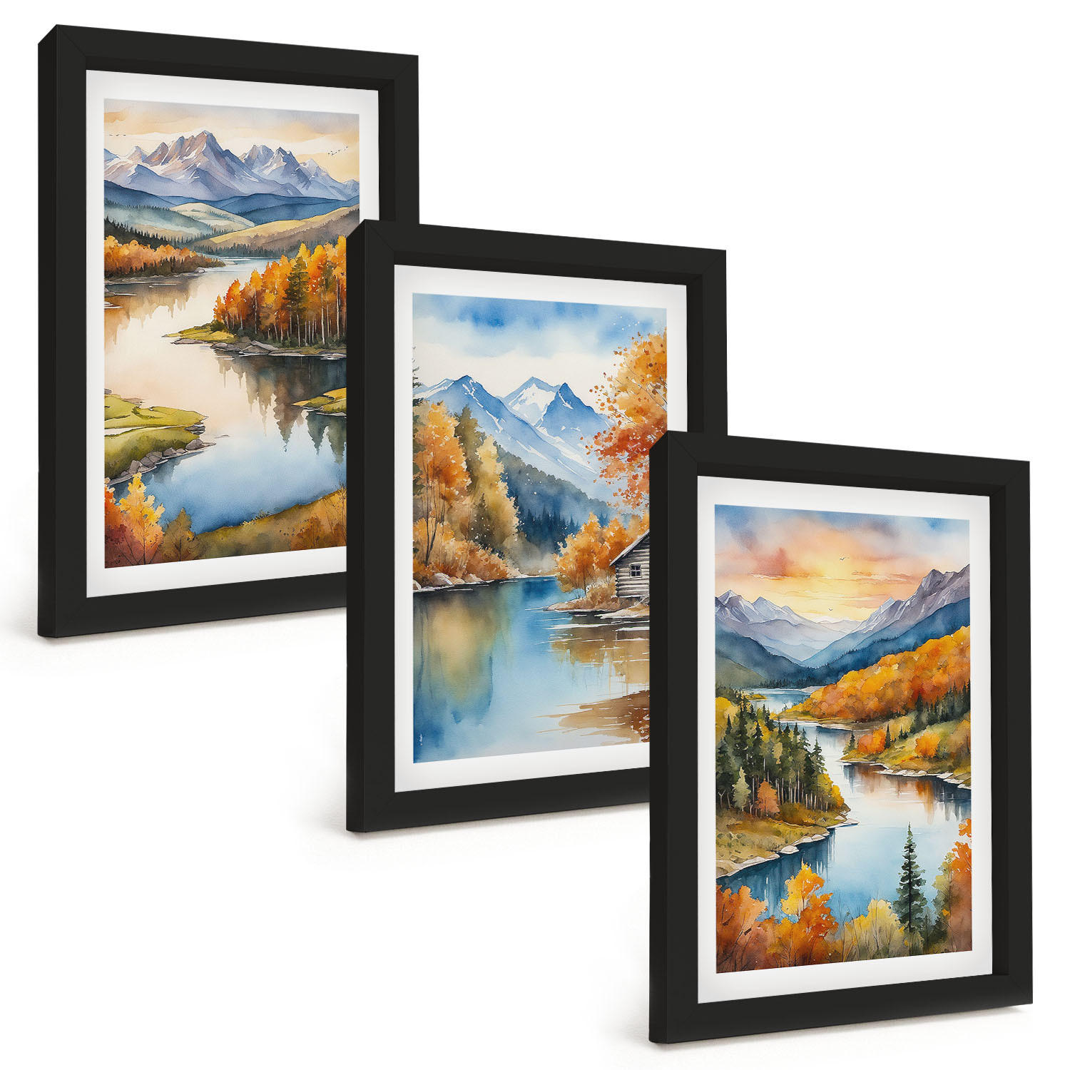 BILDER SET 3er Set - 20x30 cm Schwarzer Rahmen - Herbstliche Berglandschaften - Schwarz, Kunststoff (20/30cm) - TULUP