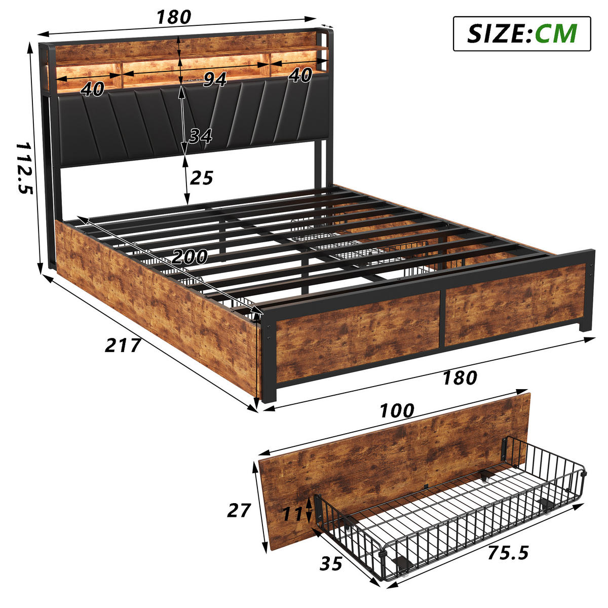 POLSTERBETT 180x200 cm, Schwarz, LED-Beleuchtung - Schwarz, Textil/Metall (180/200cm)