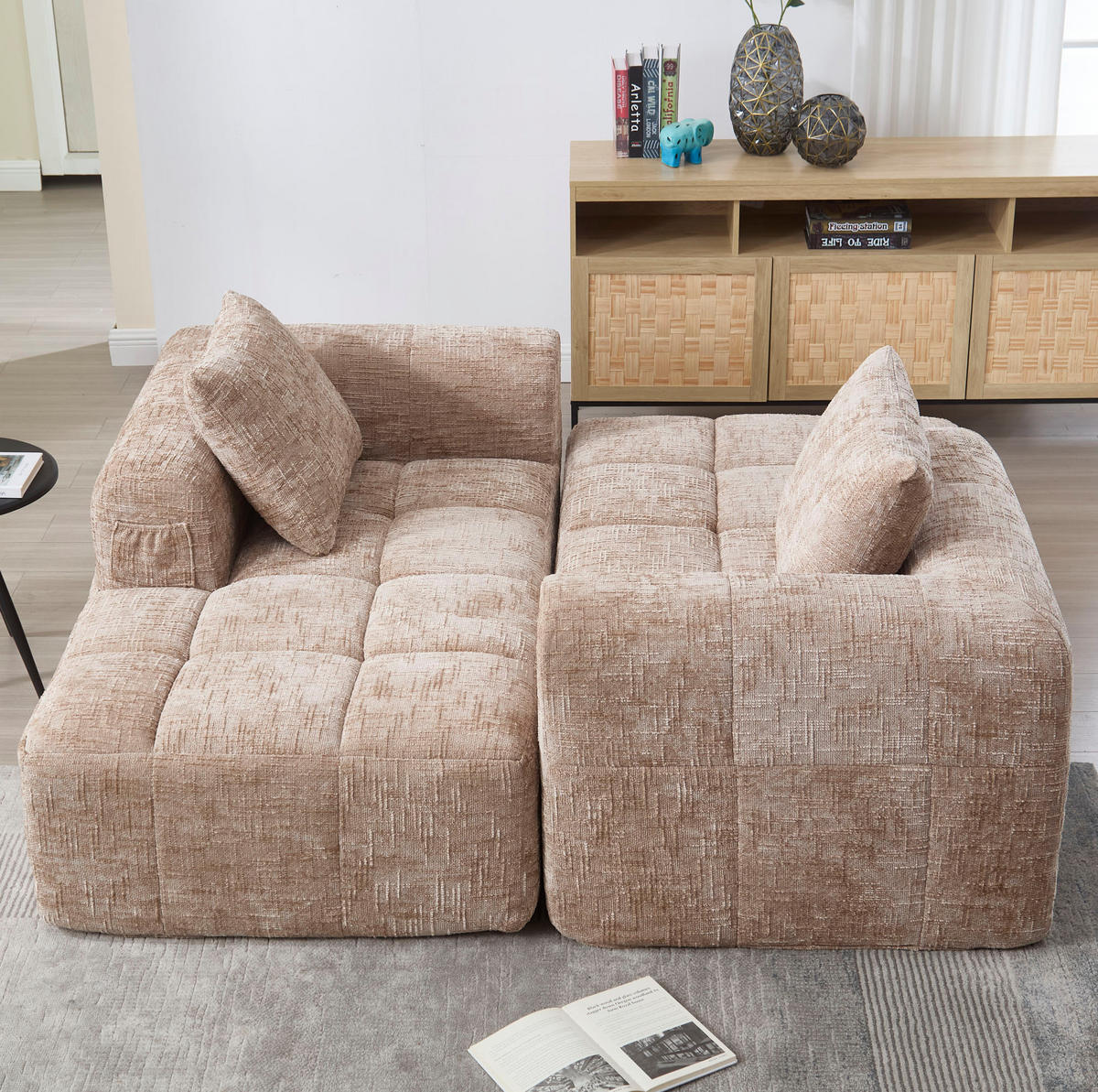 ECKSOFA L-Form 3-Sitzer mit Chaiselongue und Armlehnen Chenille khaki 250/158/60 cm - Naturfarben, Textil (250/158cm) - OKWISH