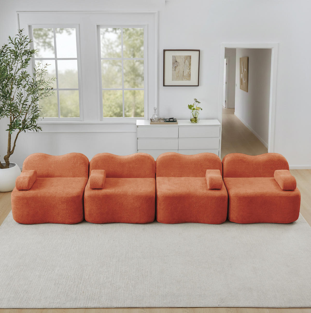 SOFA in Orange aus Samt mit Wellenform und tiefem Sitzkomfort - Orange, Textil (98/70/384cm) - Flora Grace
