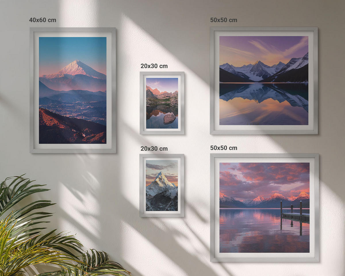 WANDBILDER 5er Set - 50x50 cm & 20x30 cm & 40x60 cm Silberner Rahmen - Nachtstadt mit Neonlichtern - Silberfarben, Kunststoff (40/60cm) - ArtPrintCave