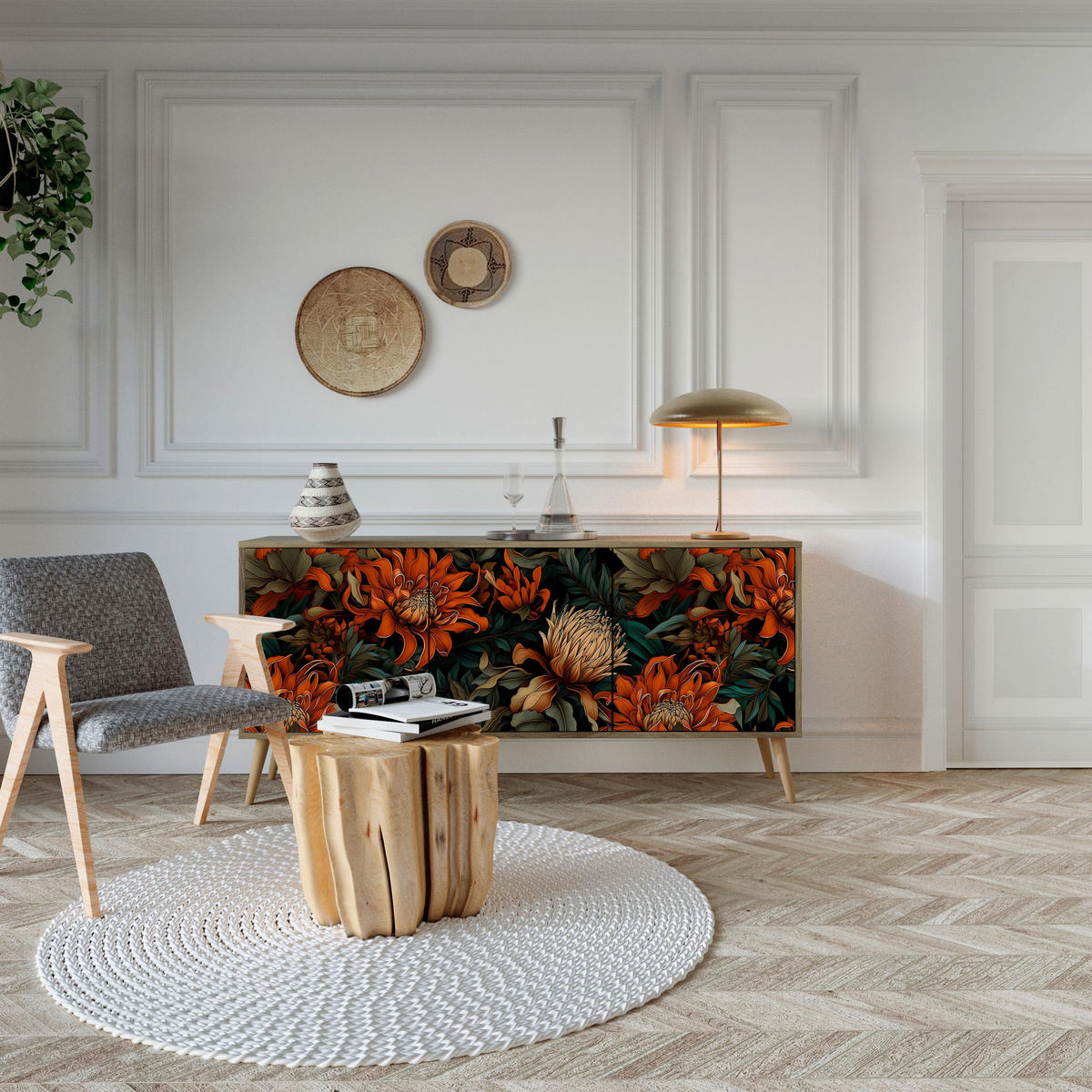 SIDEBOARD DAWN BLOOM, Eicheneffekt, 164,5x42x77,5 cm, 3 Türen - Eichefarben/Buchefarben, Holzwerkstoff/Buchenholz (164.5/77.5/42cm) - SpaceRebels