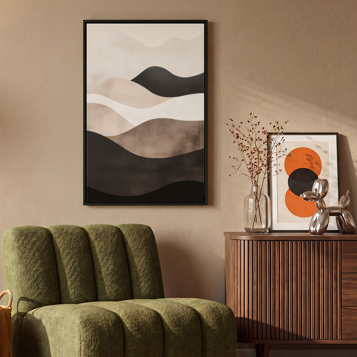 LEINWAND Bilder mit Rahmen - Abstrakt - Landschaft - Wellen - Cremefarben - 60x90 - Cappuccino, Textil (60/90cm) - MuchoWow