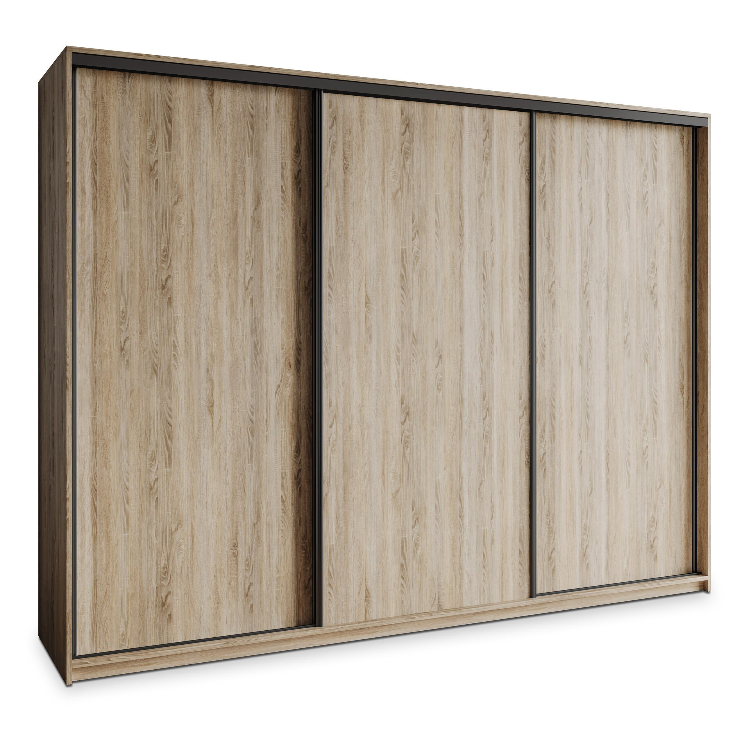 SCHWEBETÜRENSCHRANK NISSE 250/205/60 cm 3-türig mit Schubladen Sonoma Eiche - Schwarz/Sonoma Eiche, Holzwerkstoff (250/205/60cm) - MASSENO