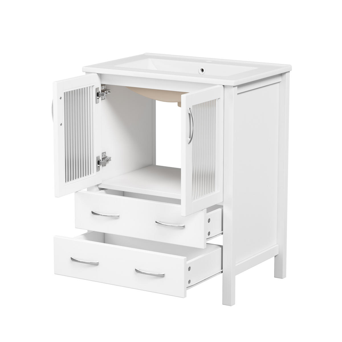 BADEZIMMERSCHRANK Hochglanz Weiß Keramik Waschbecken Glas Türen 61cm - Weiß, Keramik (61/86/47cm) - FLIEKS