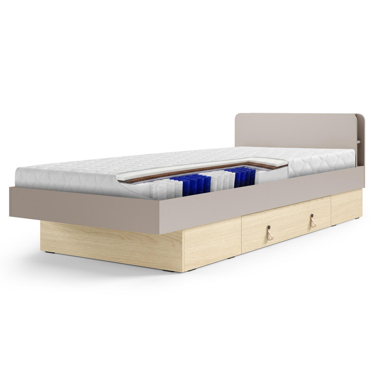 BETT Sorella 90x200 cm mit Lattenrost und Bettkasten-Schublade, mit Matratze 26 cm, Porcini + Eiche Mavelie - Eichefarben/Cappuccino, Leder/Holzwerkstoff (90/200cm) - Beautysofa
