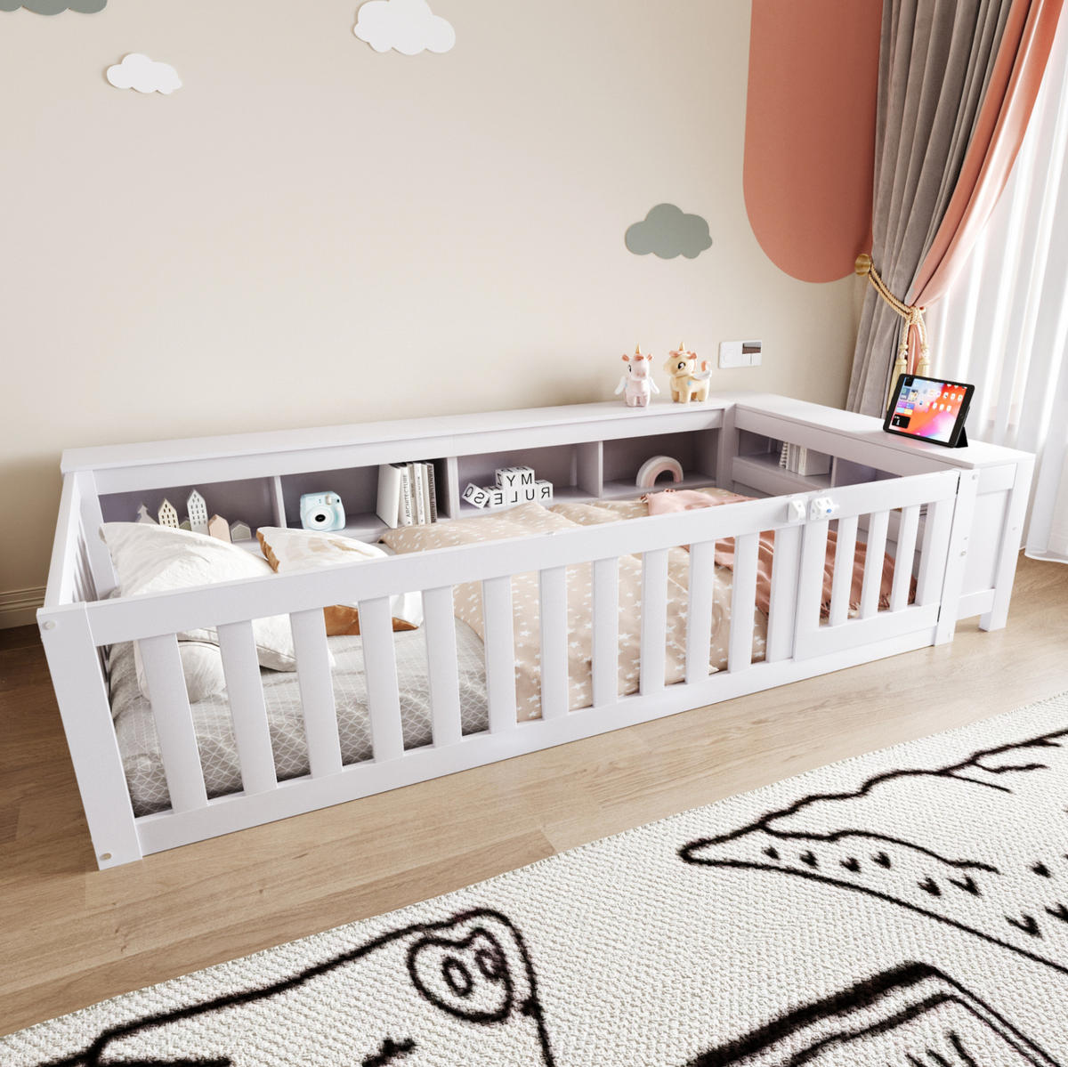 KINDERBETT 90/200 cm Weiß aus Massivholz mit Stauraum und Sicherheitsgitter - Weiß, Holz (90/200cm) - OKMYHOME