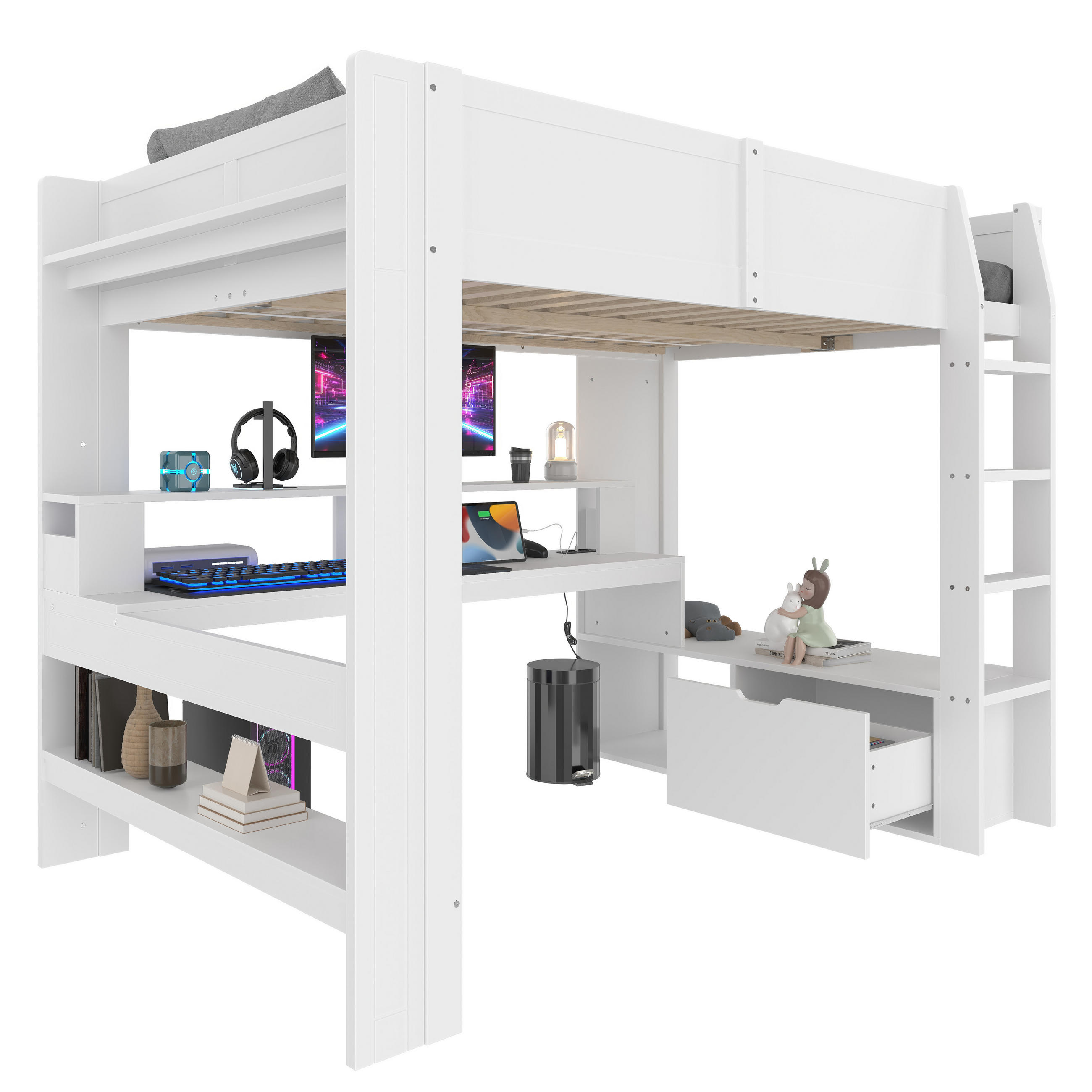 HOCHBETT 140x200cm Weiß Gaming Schreibtisch LED-Licht Schublade Regale - Weiß, Holz (140/200cm) - FLIEKS