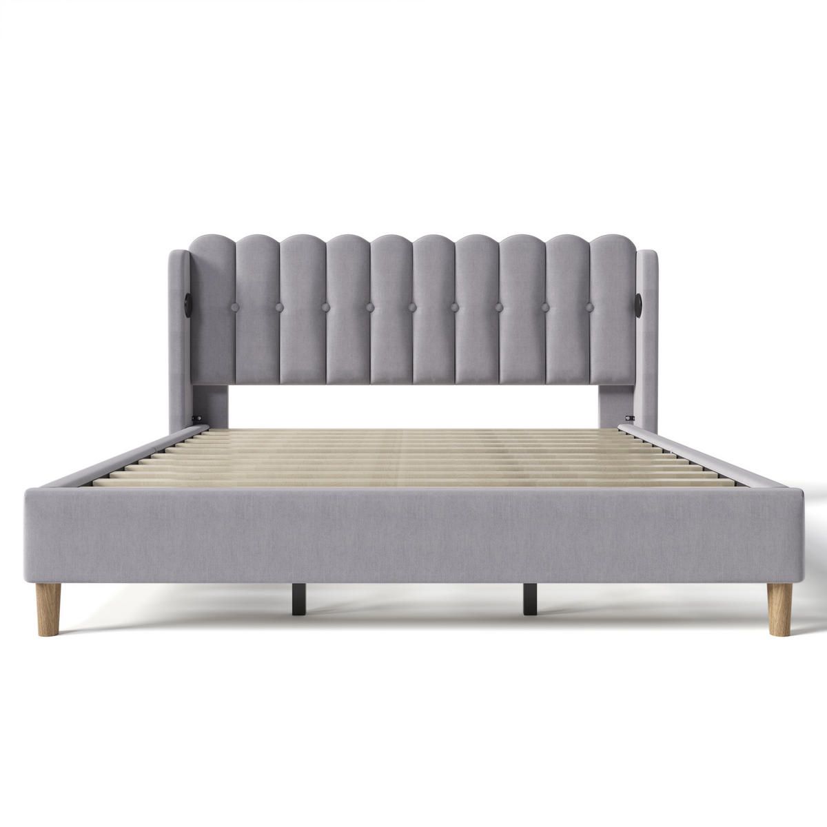 POLSTERBETT 180/200 cm in Grau Leinen mit USB Typ C Ladefunktion - Grau, Holz/Textil (180/200cm) - KOMHTOM