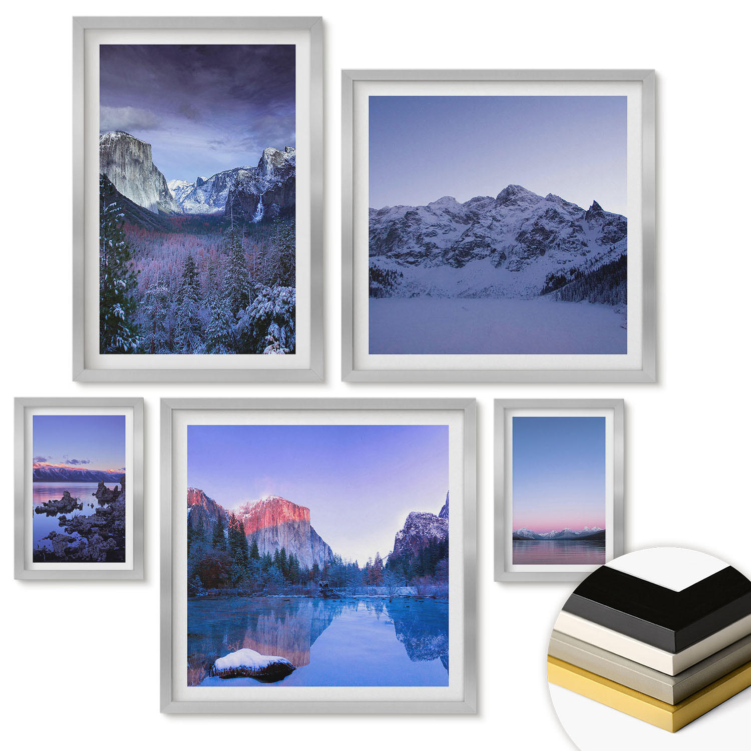 WANDBILDER 5er Set - 50x50 cm & 20x30 cm & 40x60 cm Silberner Rahmen - Berglandschaften, Sonnenuntergang, Wasser - Silberfarben, Kunststoff (40/60cm) - ArtPrintCave