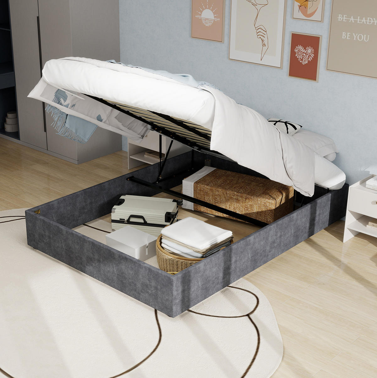 POSTEĽNÝ rám 160/200 cm sivý bez čela s plynovým zdvihom z látky a kovu - sivá, textil (160/200cm) - OKWISH