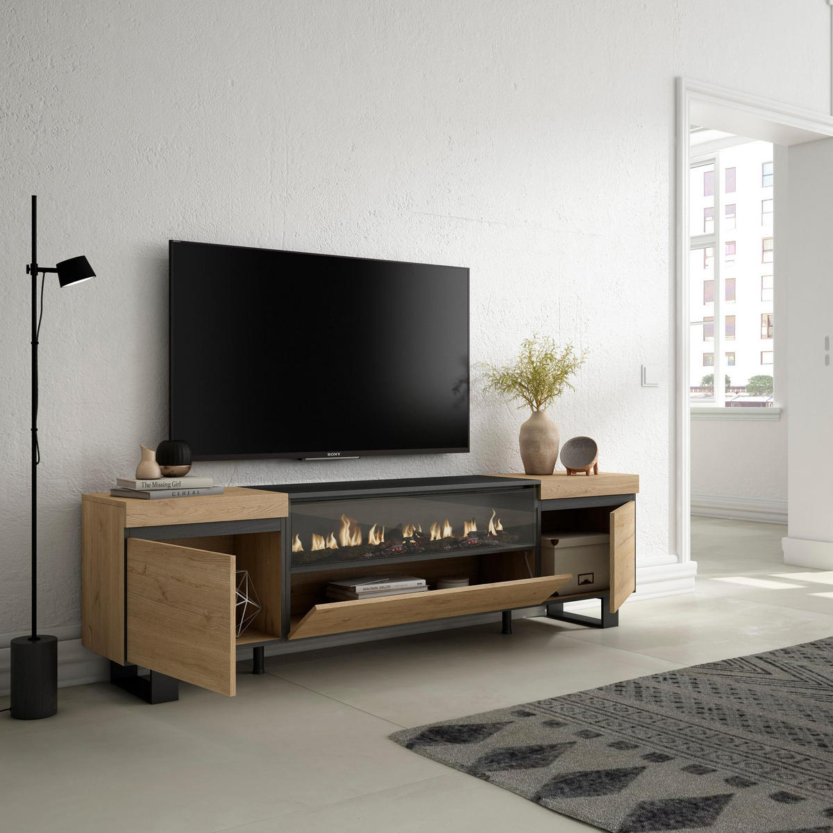 LOWBOARD Elektrokamin, eiche, schwarz, 200/35/57cm - Eichefarben/Schwarz, Holzwerkstoff (200/57/35cm) - Skraut Home