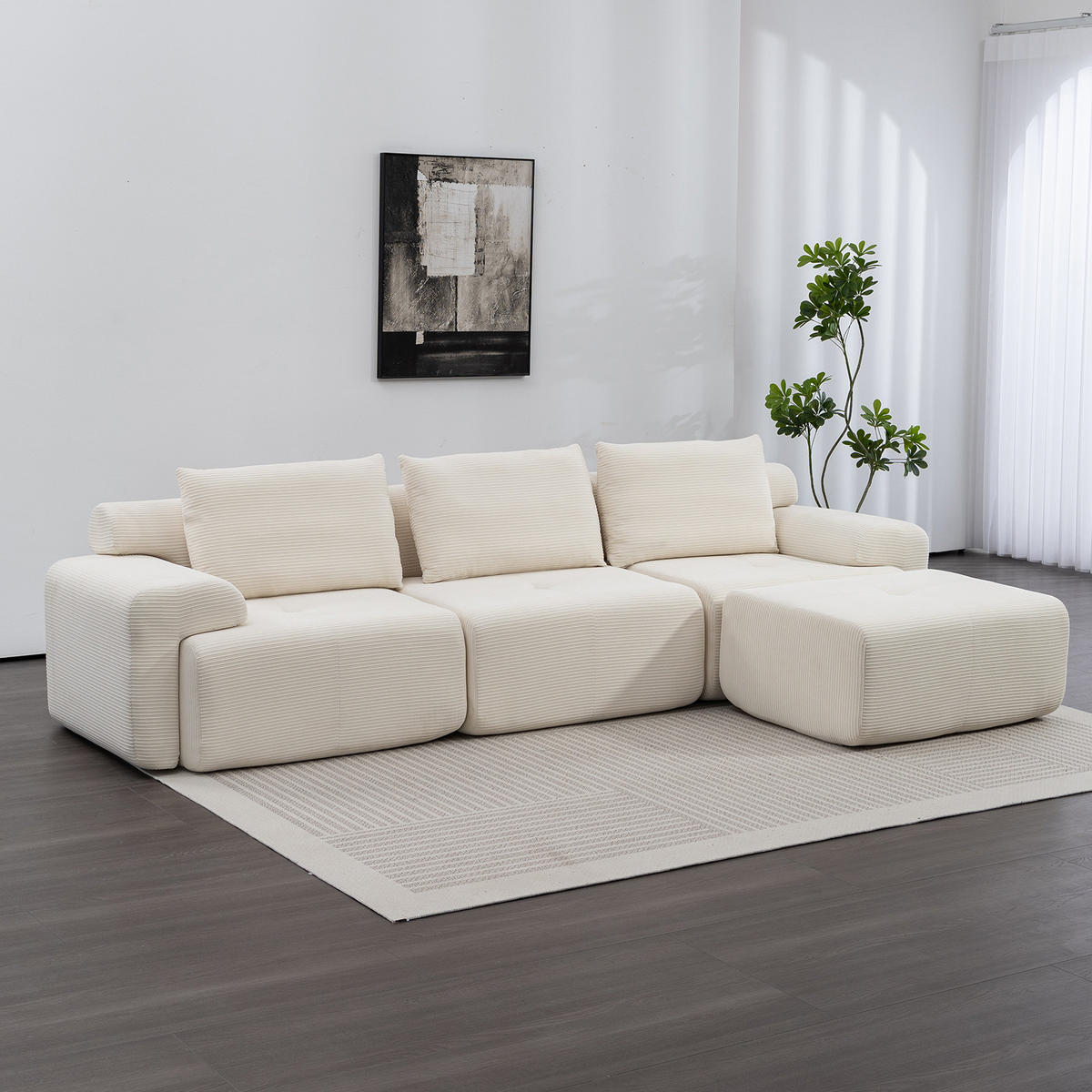 ECKSOFA 305/154/69 cm Weiß Cord mit 1 Fußhocker - Weiß, Textil (305/154cm) - Oxeza