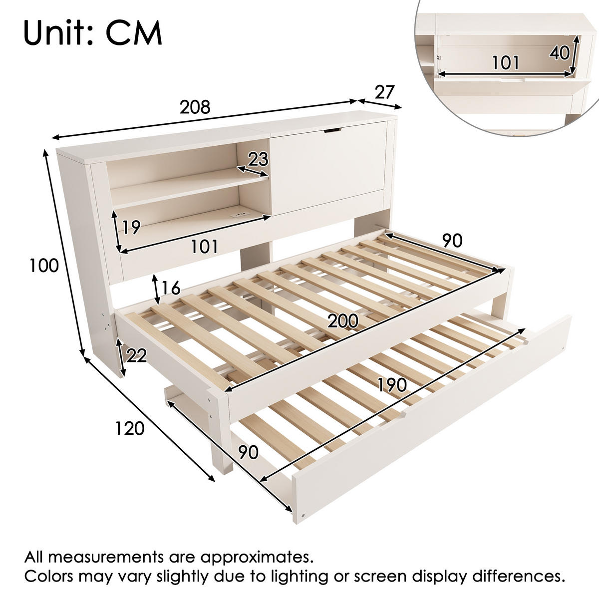 POLSTERBETT 90/200 cm mit Ausziehbett, Stauraum-Rückwand, USB- und USB-C-Anschluss, Holz, Weiß - Weiß, Textil (90/200cm) - Redom