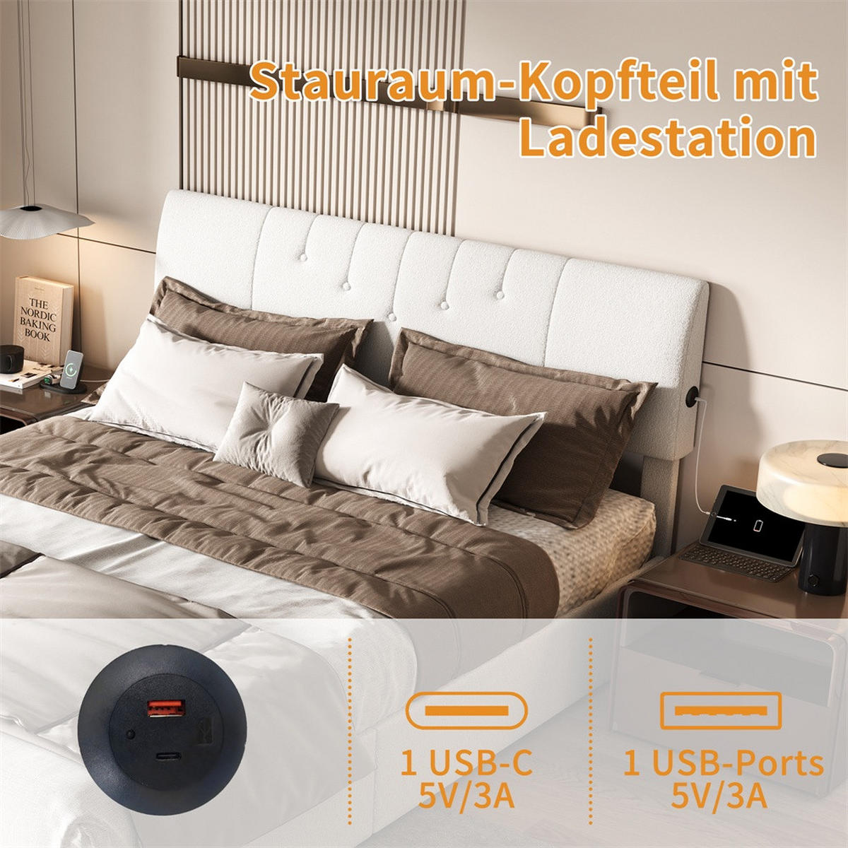 POLSTERBETT 140x200 cm mit hydraulischem Stauraum - USB-Ladeanschlüssen - Gepolstertes Kopfteil - ohne Matratze - Creme, Textil (140/200cm) - DELFA