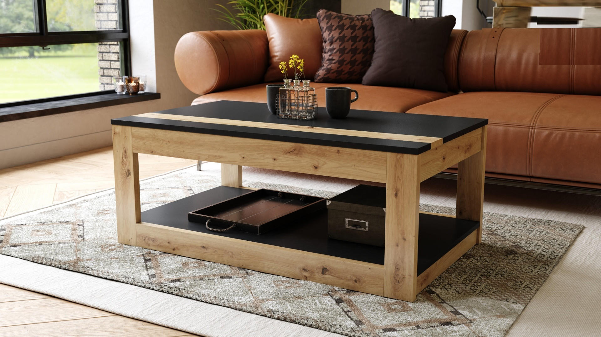 COUCHTISCH rechteckig Schwarz - Eiche Artisan aufklappbar - Schwarz/Eiche Artisan, Holzwerkstoff (66/112/45cm) - designimpex