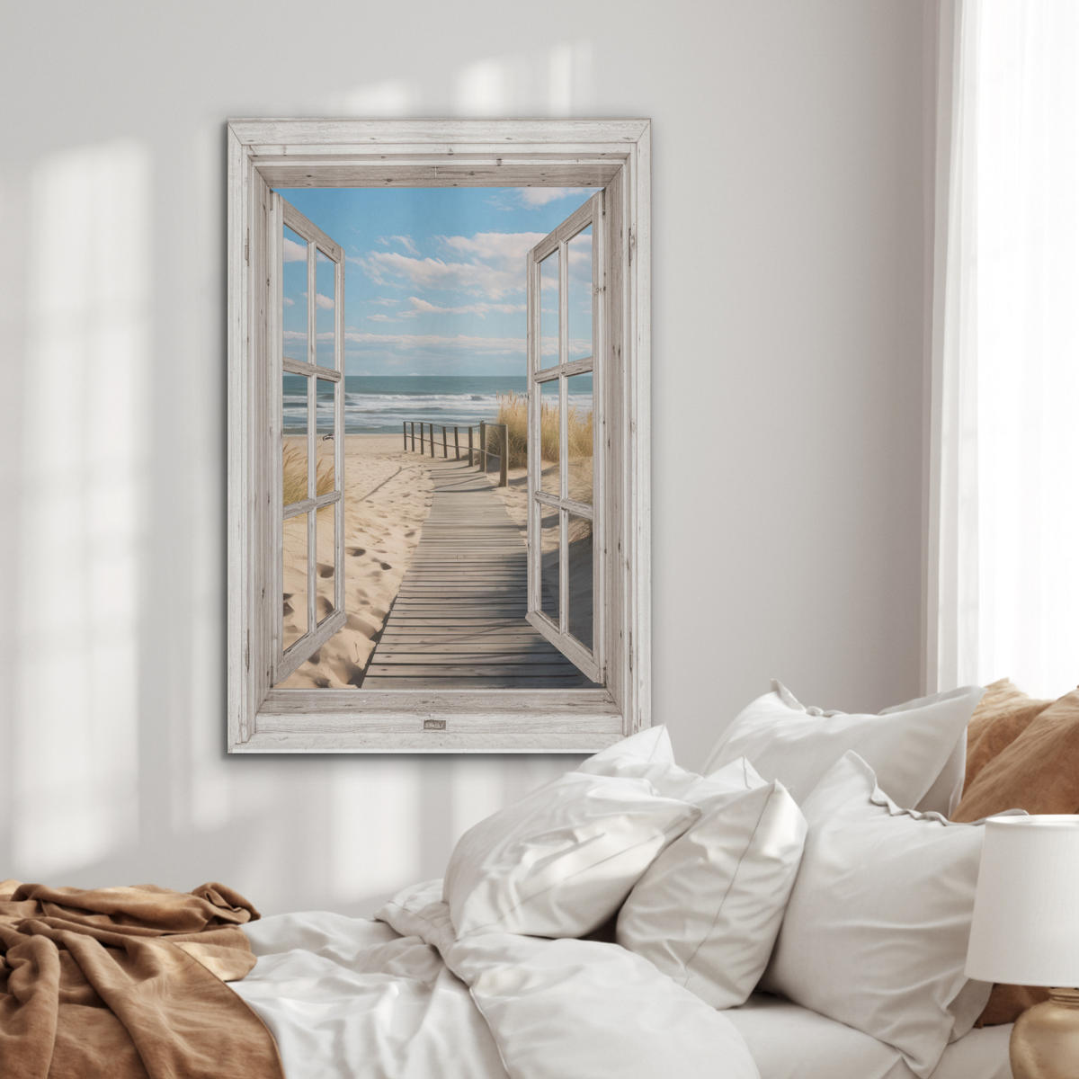 AKUSTIKBILD Fenster - Meer - Küste - Natur - Ausblick - Strand - Wattenmeer Wanddeko 60x90 cm - Beige, Kunststoff (60/90/0.9cm) - MuchoWow