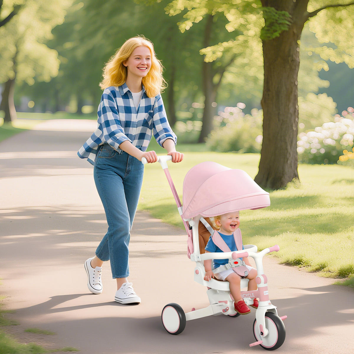 DREIRAD 5-in-1 mit Schubstange für 1-3 Jahre Faltbar mit reversiblem Sitz Rosa - Rosa, Metall (96.5/49/101cm) - AIYAPLAY