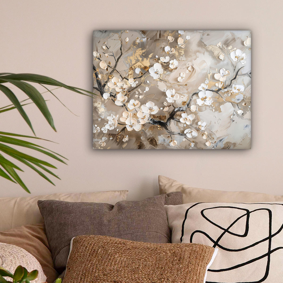LEINWANDBILD - Blumen - Weiß - Gold - Beige - Luxus - 40x30 - Wanddeko - Greige, Textil (40/30cm) - MuchoWow