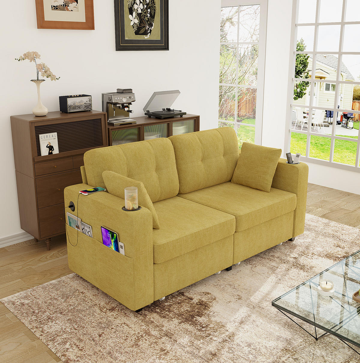 SOFA 2-Sitzer mit USB und Stauraumschubladen 172 x 75 x 82 cm Chenille - Gelb, Holzwerkstoff (172/82/75cm) - Meubliv