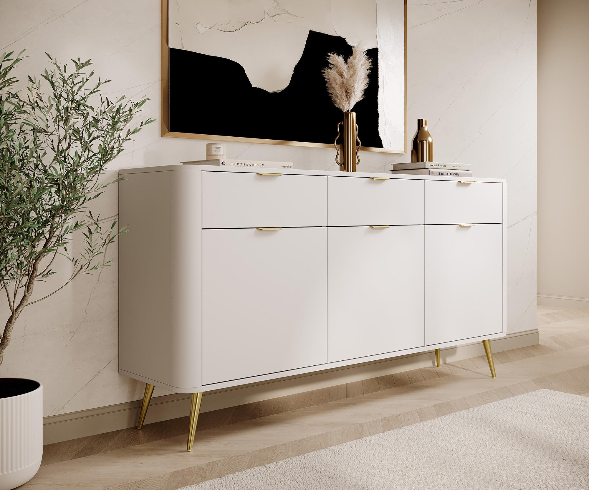 Thumbnail - Selsey Sideboard, Weiß, Metall, 3 Schubladen, 163.5x84x38 cm, Wohnzimmer, Kommoden & Sideboards, Sideboards
