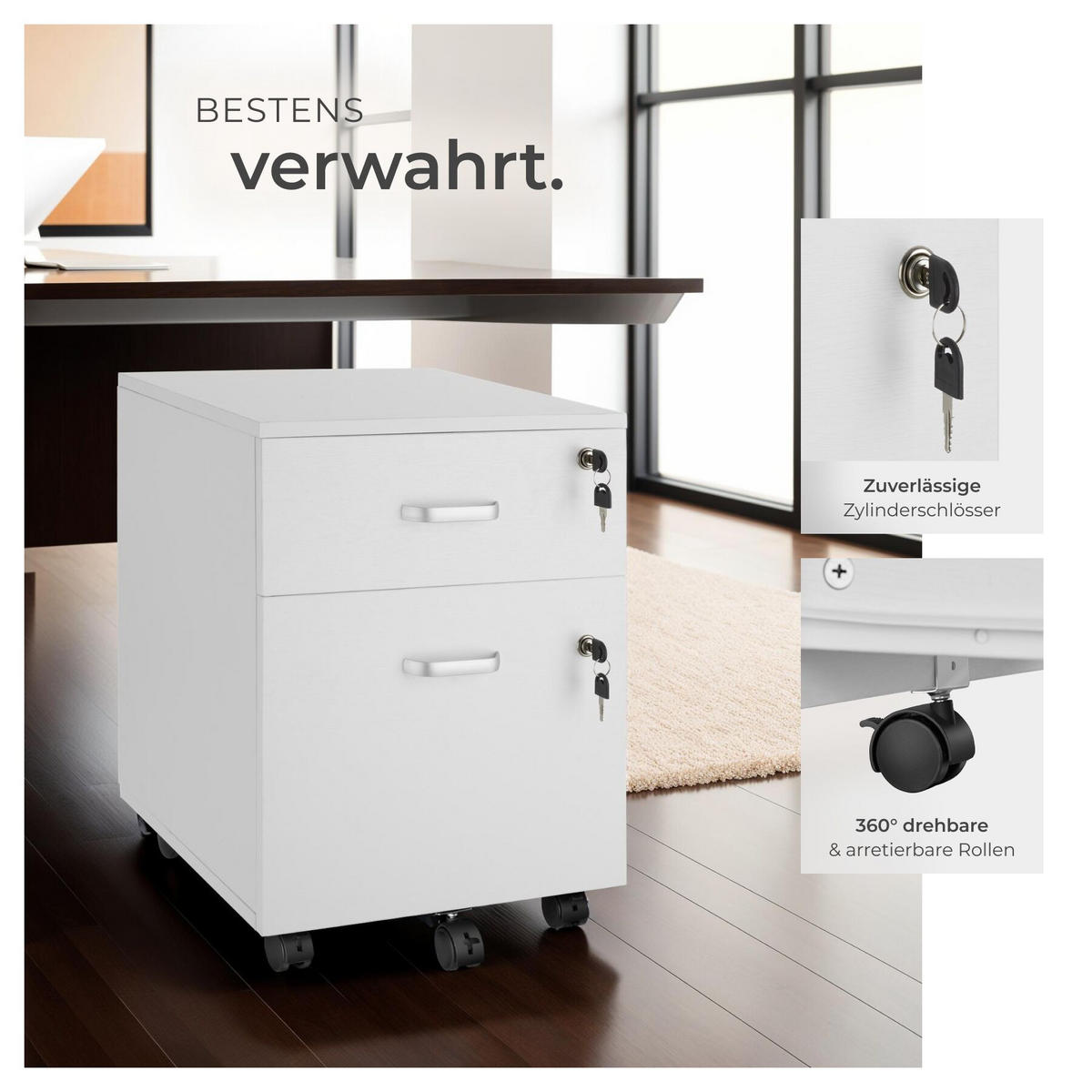 ROLLCONTAINER Vagur,40 x 44 x 54,5 cm,weiß - Weiß, Holzwerkstoff (40/54.5/46cm) - tectake