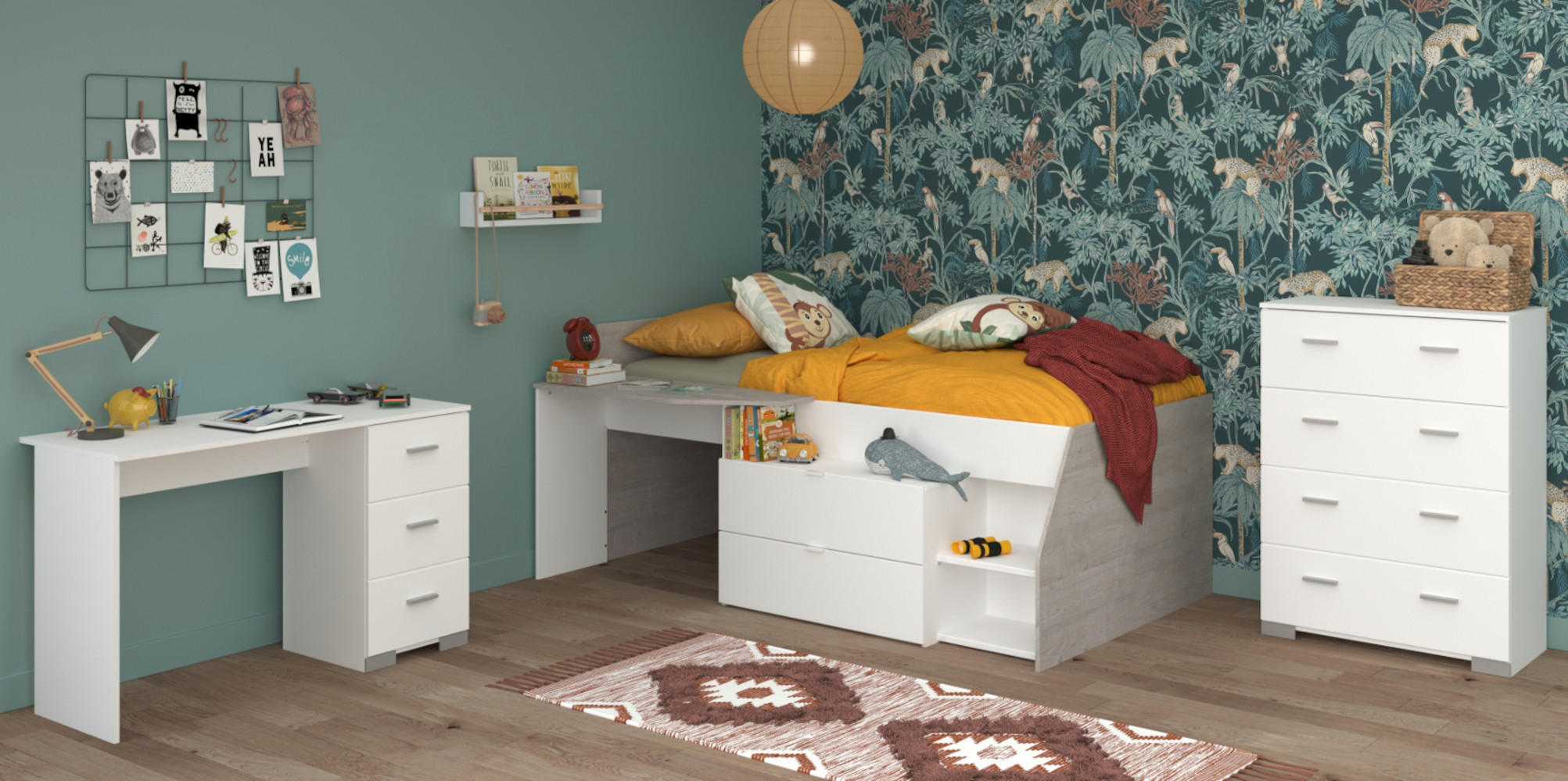 KINDERZIMMER weiß, grau, Komplett-Set mit Stauraumbett, Kommode, Schreibtisch - Silberfarben/Weiß, Holzwerkstoff/Kunststoff (135/106/203cm) - Parisot Meuble