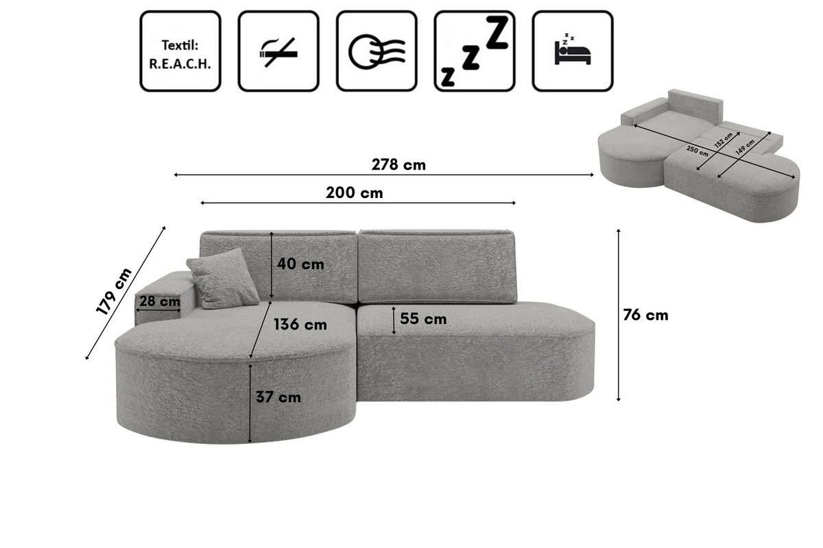 ECKSOFA Modena Pro - Komfort Und Stil stoff Arena Grau Links - Grau, Holz (278/179cm) - Kaiser Möbel