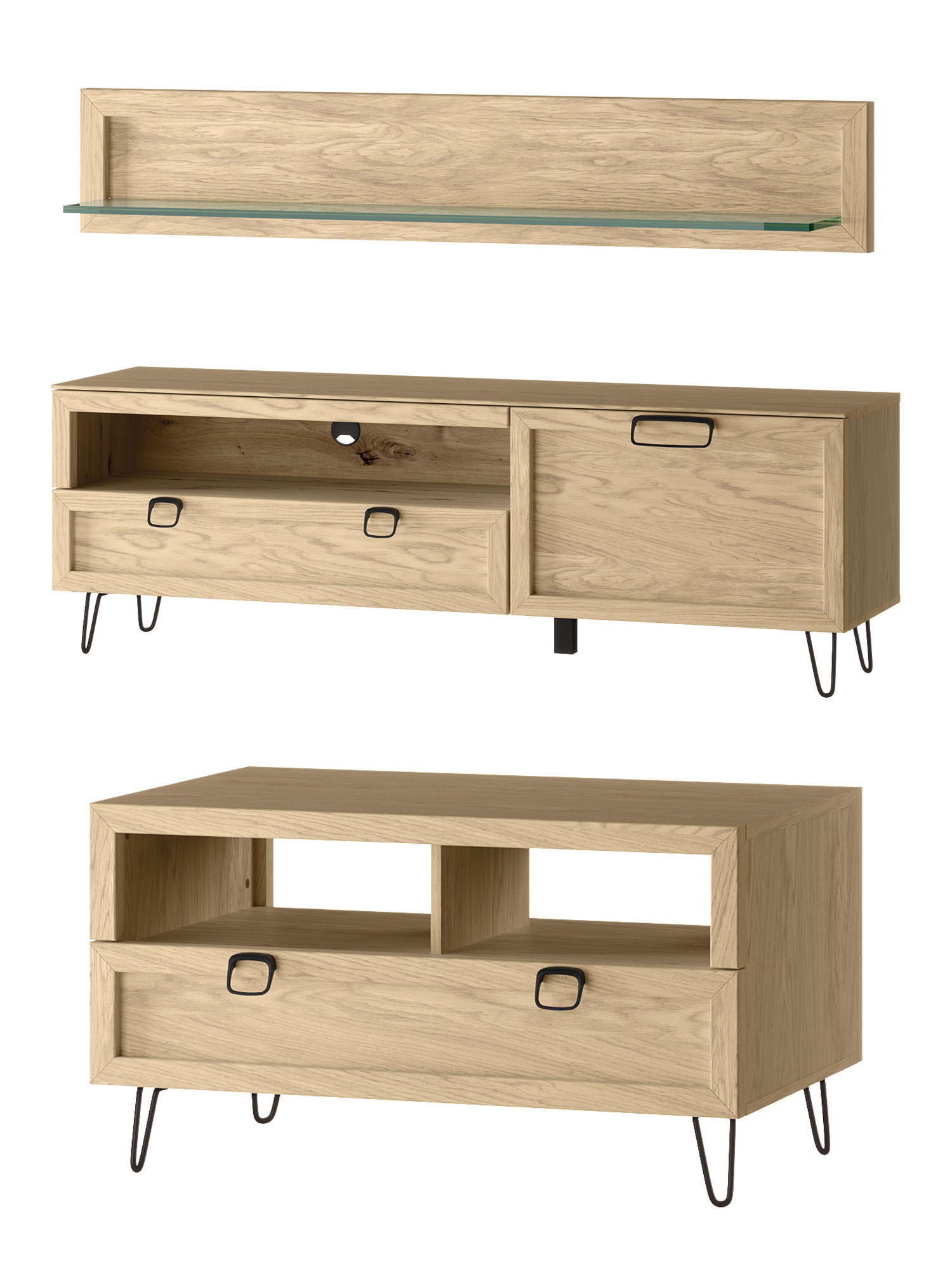 WOHNZIMMER-SET Limbo Eiche Artisan 3-teilig - Eiche Artisan/Braun, Holz/Metall (160/53/42cm) - Feldmann-Wohnen