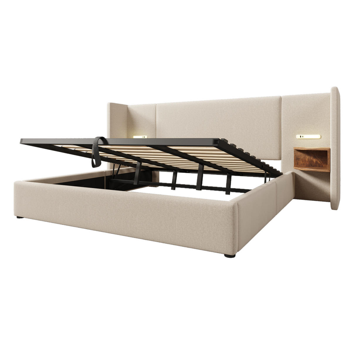 POLSTERBETT 180/200 cm Beige mit Stauraum, Leselicht und USB- und Type-C-Anschlüssen - Beige, Textil (180/200cm) - Flora Grace