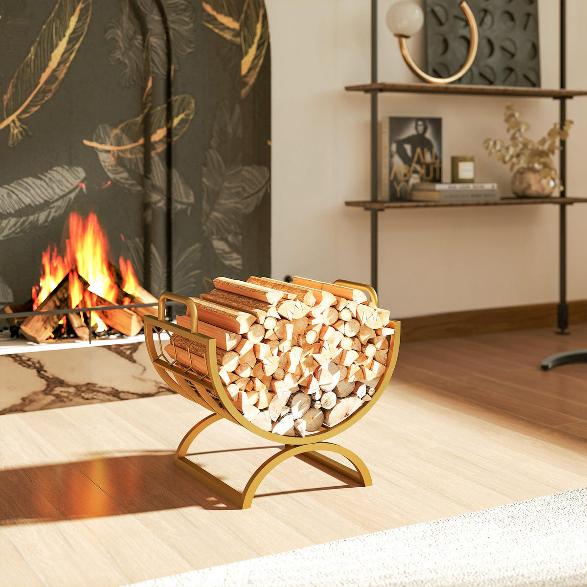 KAMINHOLZREGAL für innen 46 x 36 x 41cm Brennholzregal für Kamin Ofen Gold - Goldfarben, Metall (36/41/46cm) - Outsunny