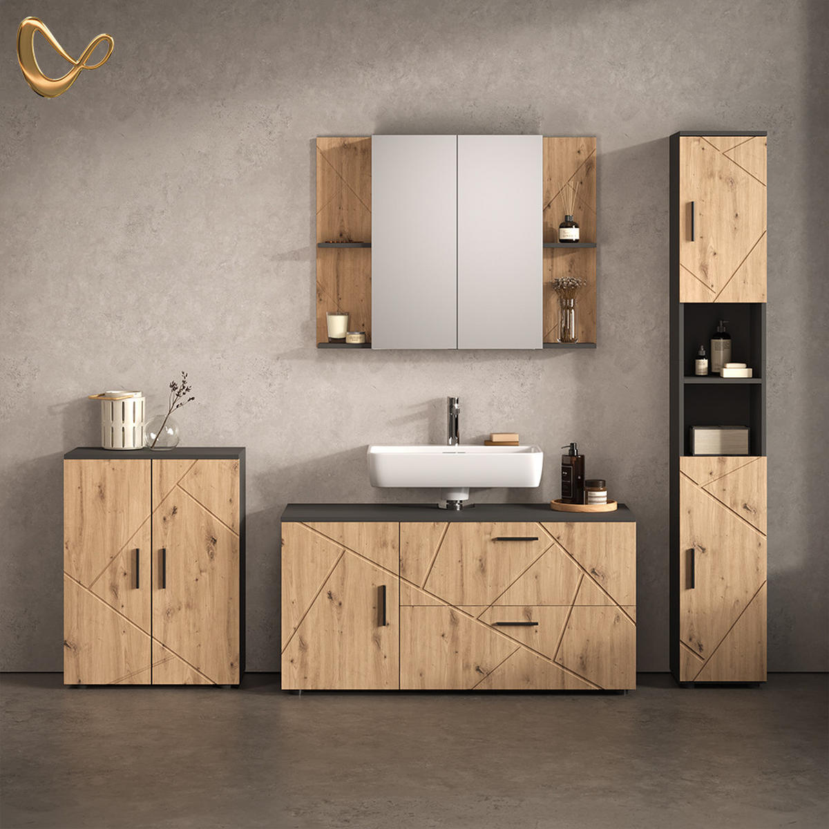 VANITY ENOTA ZA UMIVALNIK Ronco, Antracit/Obrtniški hrast, 120.1 x 60.6 cm z 2 predaloma in 1 vrati - antracit/hrast artisan, leseni material (120.1/60.6/41cm) - Livinity®