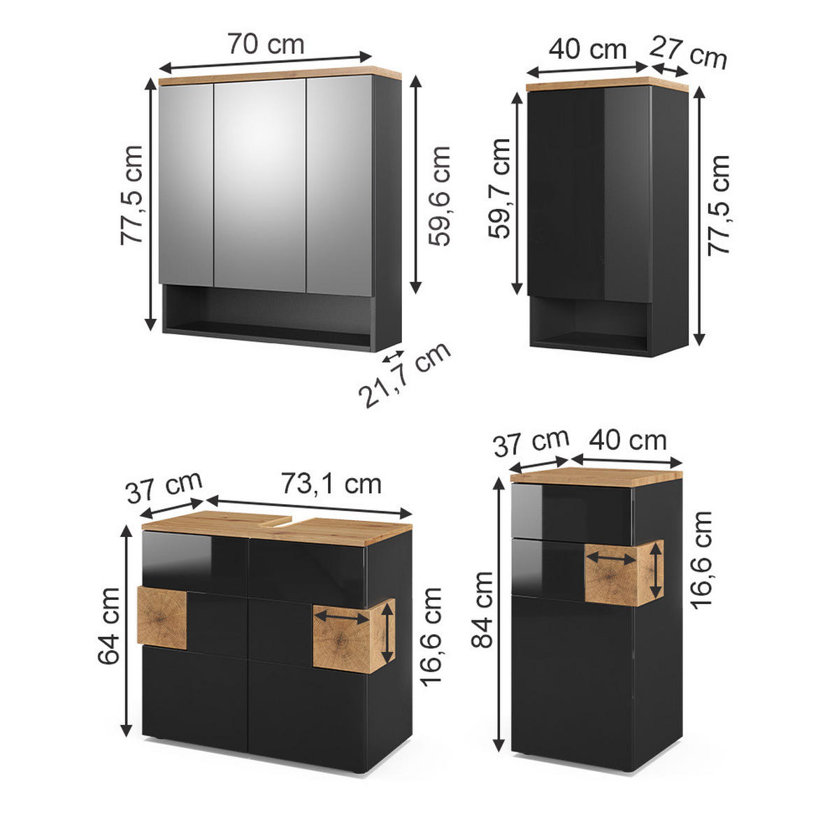 BADMÖBEL-SET Eden Anthrazit 4 Teile - Anthrazit/Eiche Artisan, Holzwerkstoff (73/64/37cm) - Vicco
