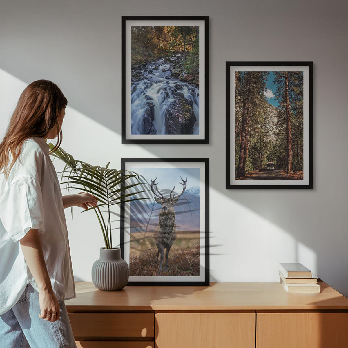 WANDBILDER 3er-Set - 40x60 cm Schwarzer Rahmen - Wasserfall Wald Berge Hirsch Natur - Schwarz, Kunststoff (40/60cm) - ArtPrintCave