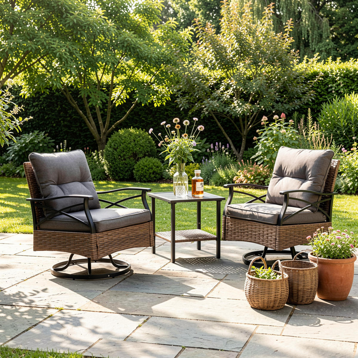 GARTENSTUHL SET 3-tlg Polyrattan Braun/Grau 2 Dreh-Schaukelstühle mit Beistelltisch - Graubraun, Metall - Urban Meuble