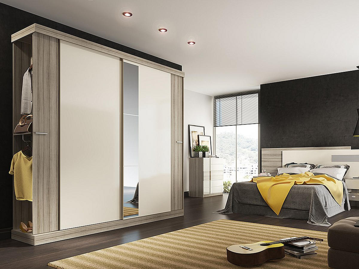 KLEIDERSCHRANK mit 2 Schiebetüren + Spiegel - B. 231 cm - Eichefarben & Elfenbein - ADALRIK II - Naturfarben, Holz (231/219/51.8cm) - Vente-Unique